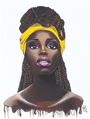 Came Thru Dripping - Size 18x24 gallery wrapped canvas print of original painting of a deeply melanated young woman with a head wrap and drip technique at the bottom