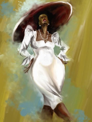 Church Lady - Size 18x24 gallery wrapped canvas print of loosely digitally painted church sista with a form fitting dress and large white hat