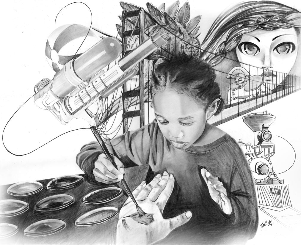 graphite drawing of little boy painting on his aunt's hand